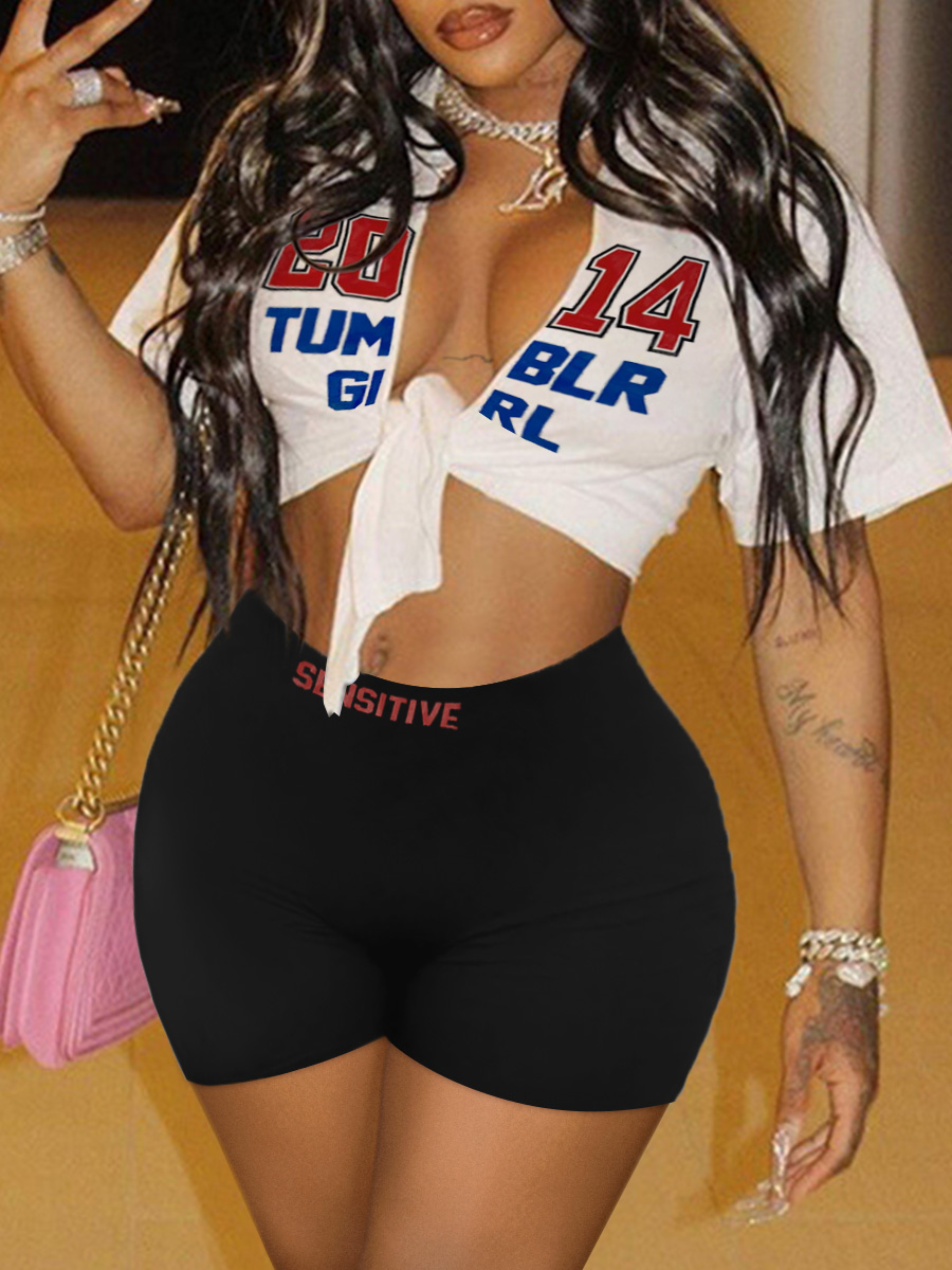 LW Letter Print Split Front Shorts Set