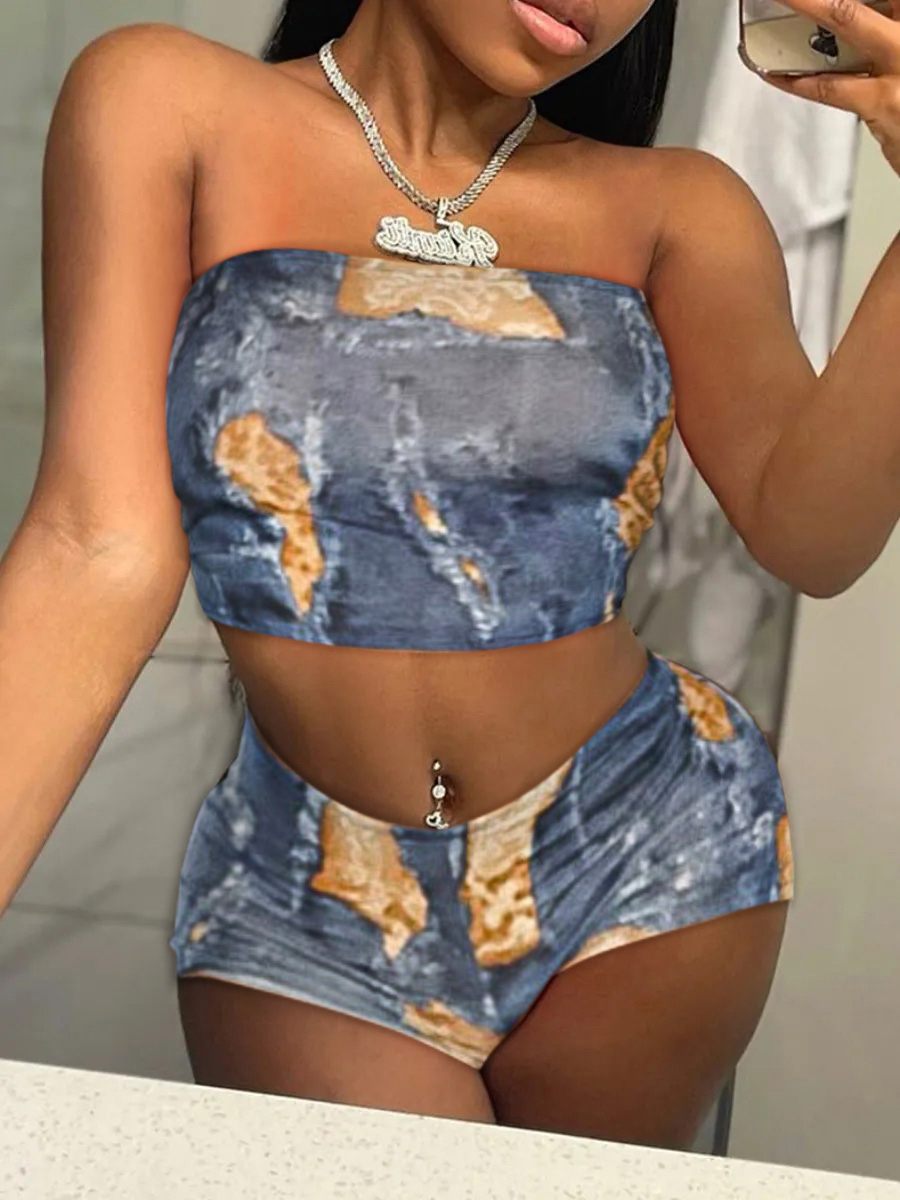 LW Off The Shoulder Mixed Print Crop Top Shorts Set