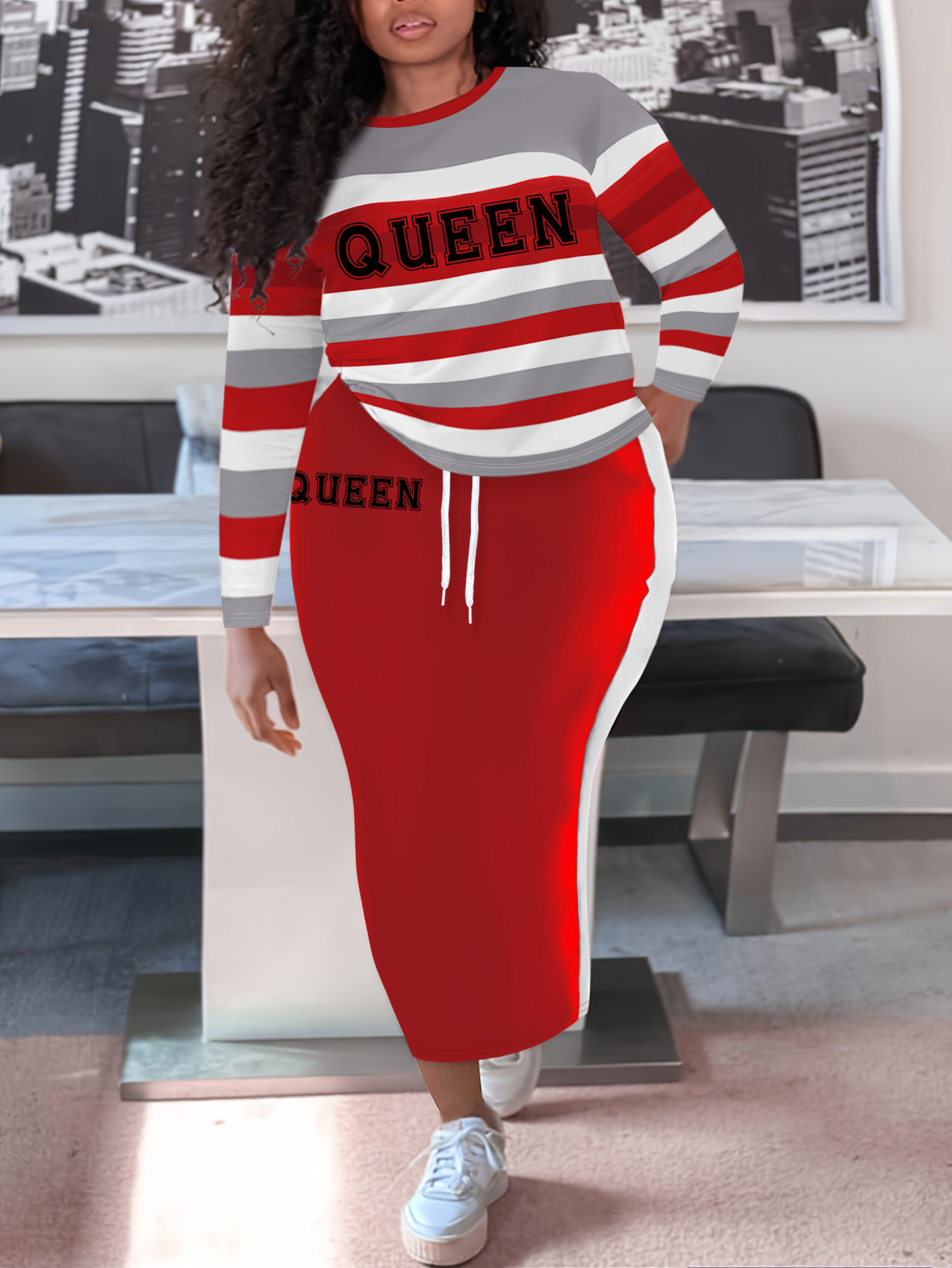 LW Plus Size Queen Letter Print Striped Drawstring Skirt Set 4X