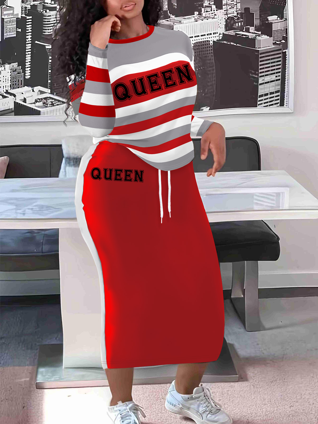 LW Plus Size Queen Letter Print Striped Drawstring Skirt Set 4X