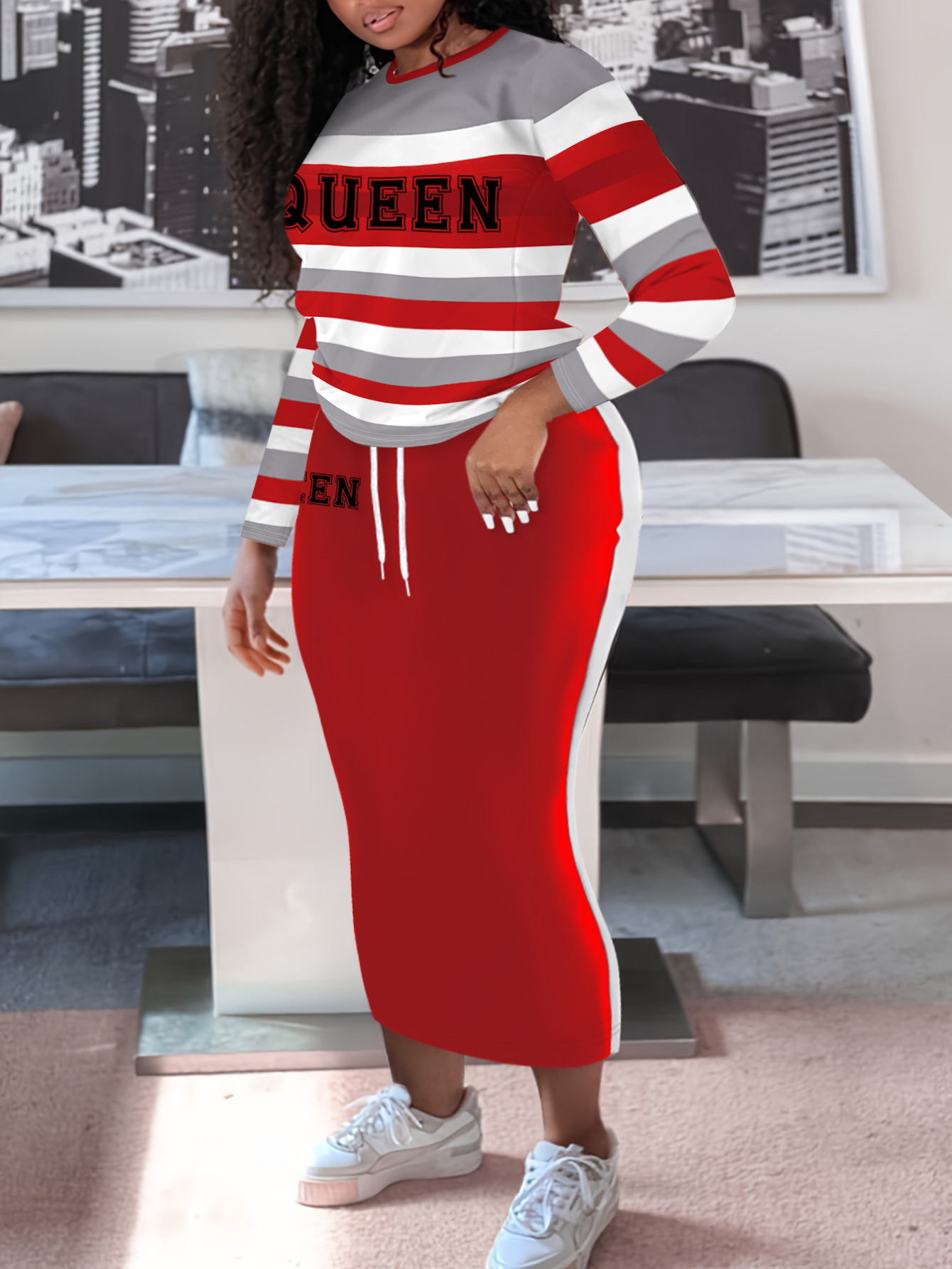 LW Plus Size Queen Letter Print Striped Drawstring Skirt Set 4X