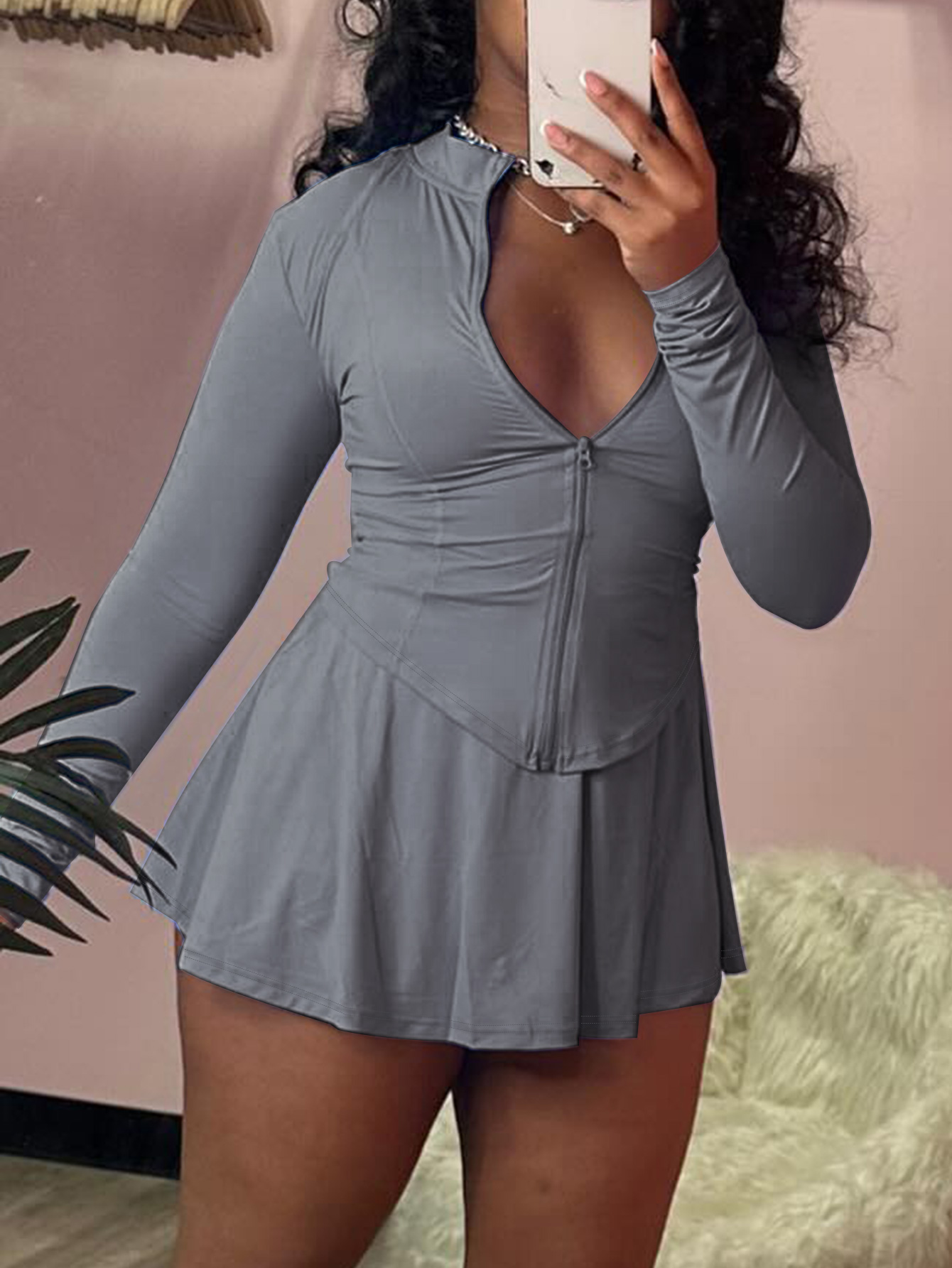 LW Sporty Zipper Design Plain Skirt Set