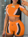 LW Crop Top Color Lump Patchwork Shorts Set