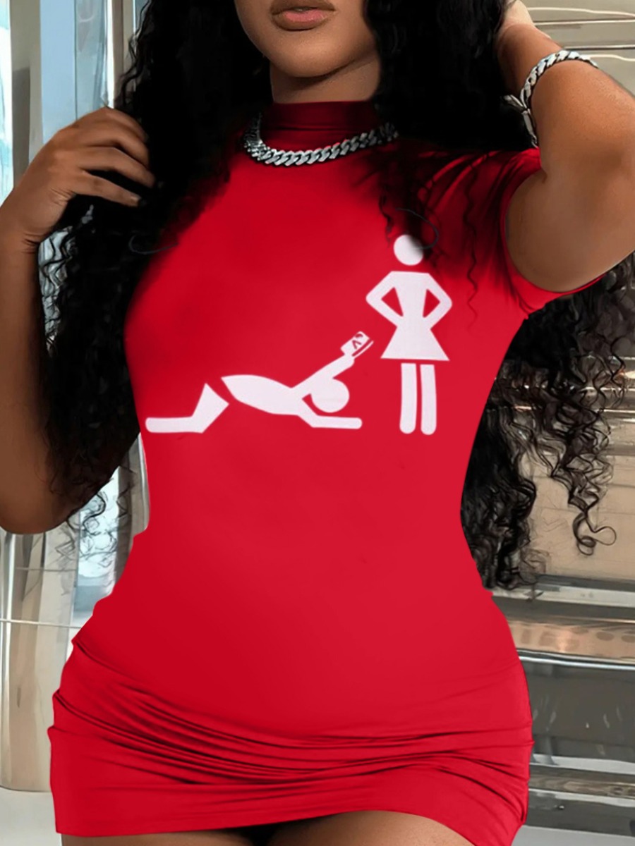 LW SXY Round Neck Figure Print Bodycon Dress