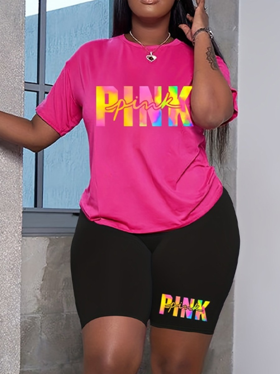 LW Plus Size Tie Dye Pink Letter Print Shorts Set