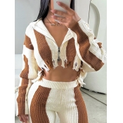 LW Crop Top Tassel Design Ripped Striped Sweater
