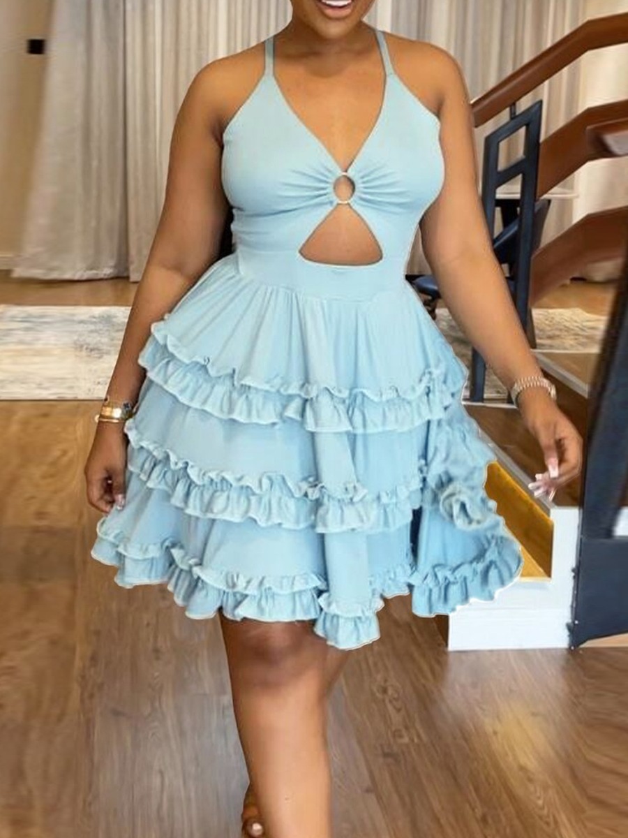 LW SXY Backless Layered Cascading Ruffle Design Dress