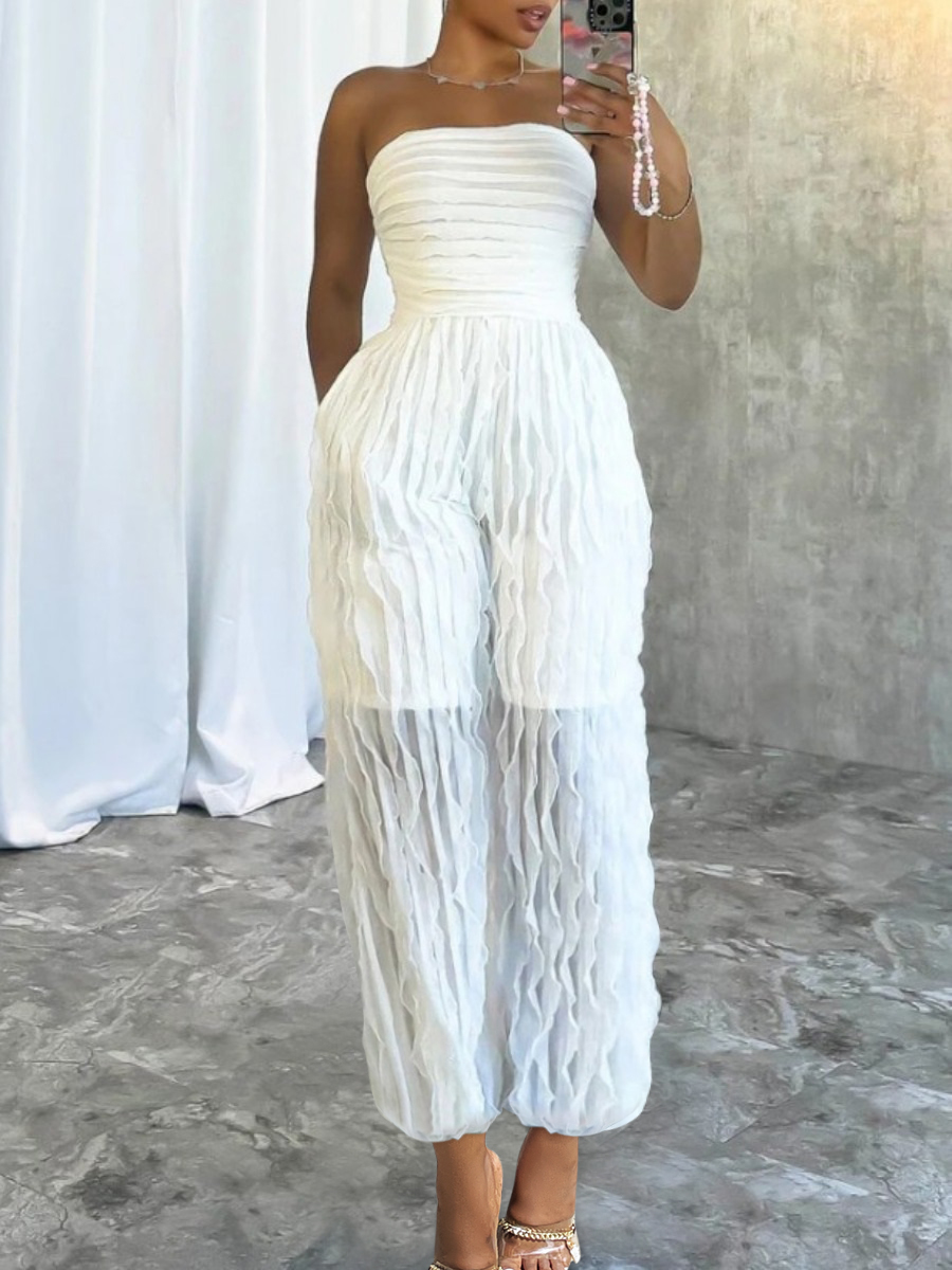LW Off The Shoulder Waffle Knit See Through Jumpsuit