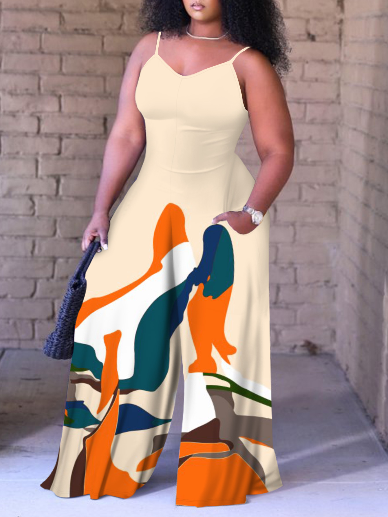 LW BASICS Plus Size Mixed Print Wide Leg Cami Jumpsuit