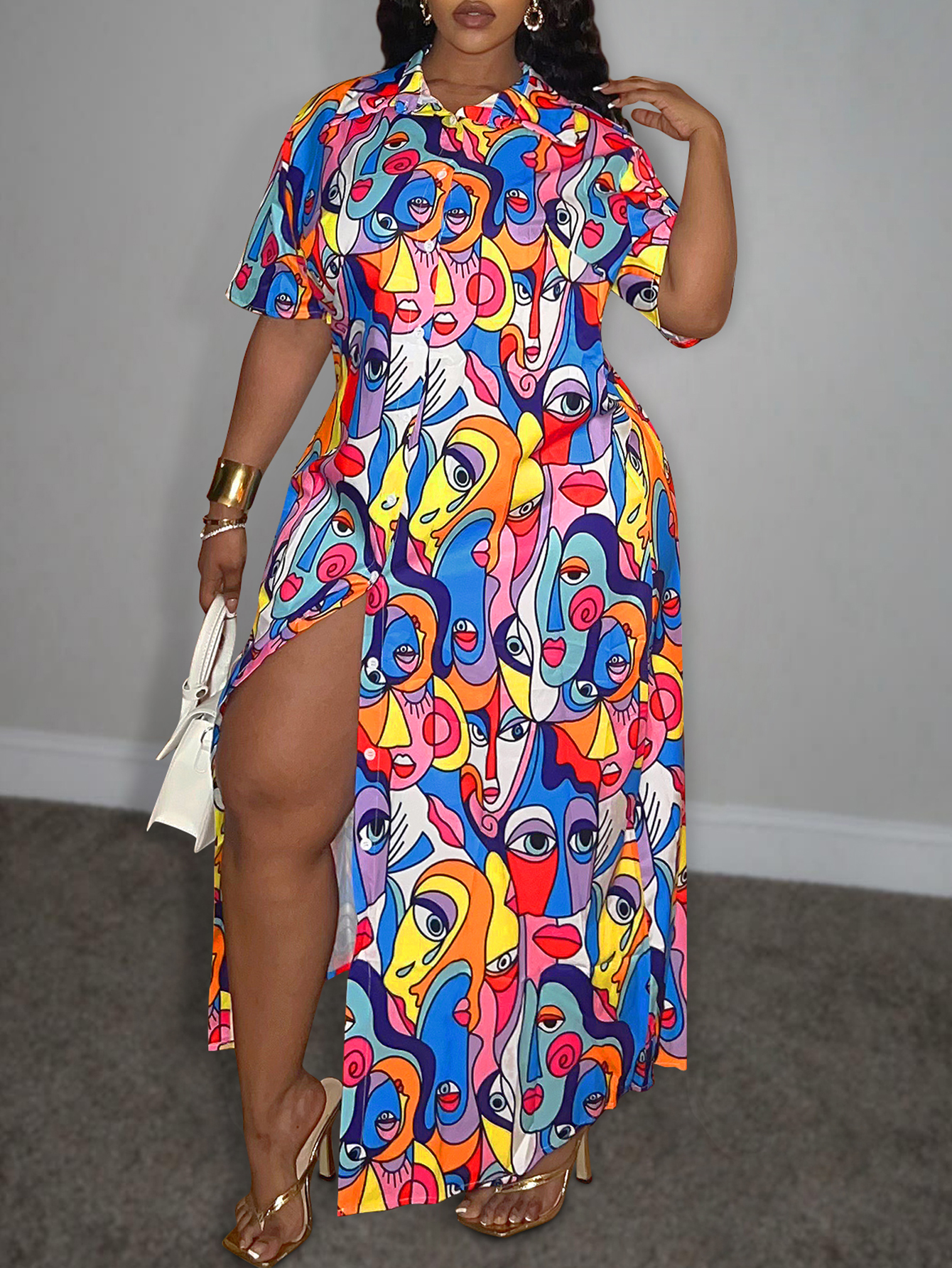 LW BASICS Plus Size Turndown Collar Mixed Print Shirt Dress