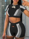 LW Crop Top Color Lump Patchwork Shorts Set