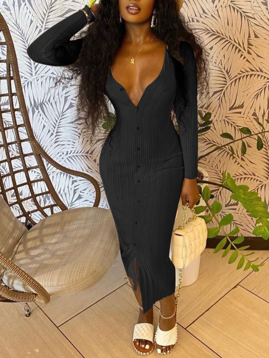 LW BASICS Button Design Solid Color Midi Dress