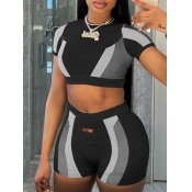 LW Crop Top Color Lump Patchwork Shorts Set