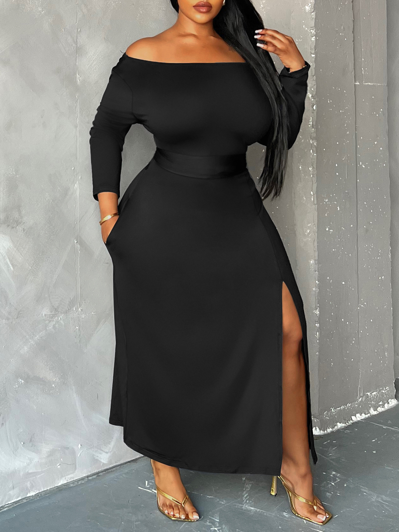 LW BASICS Plus Size Off The Shoulder Thigh Slit Pocket Design Dress 2X