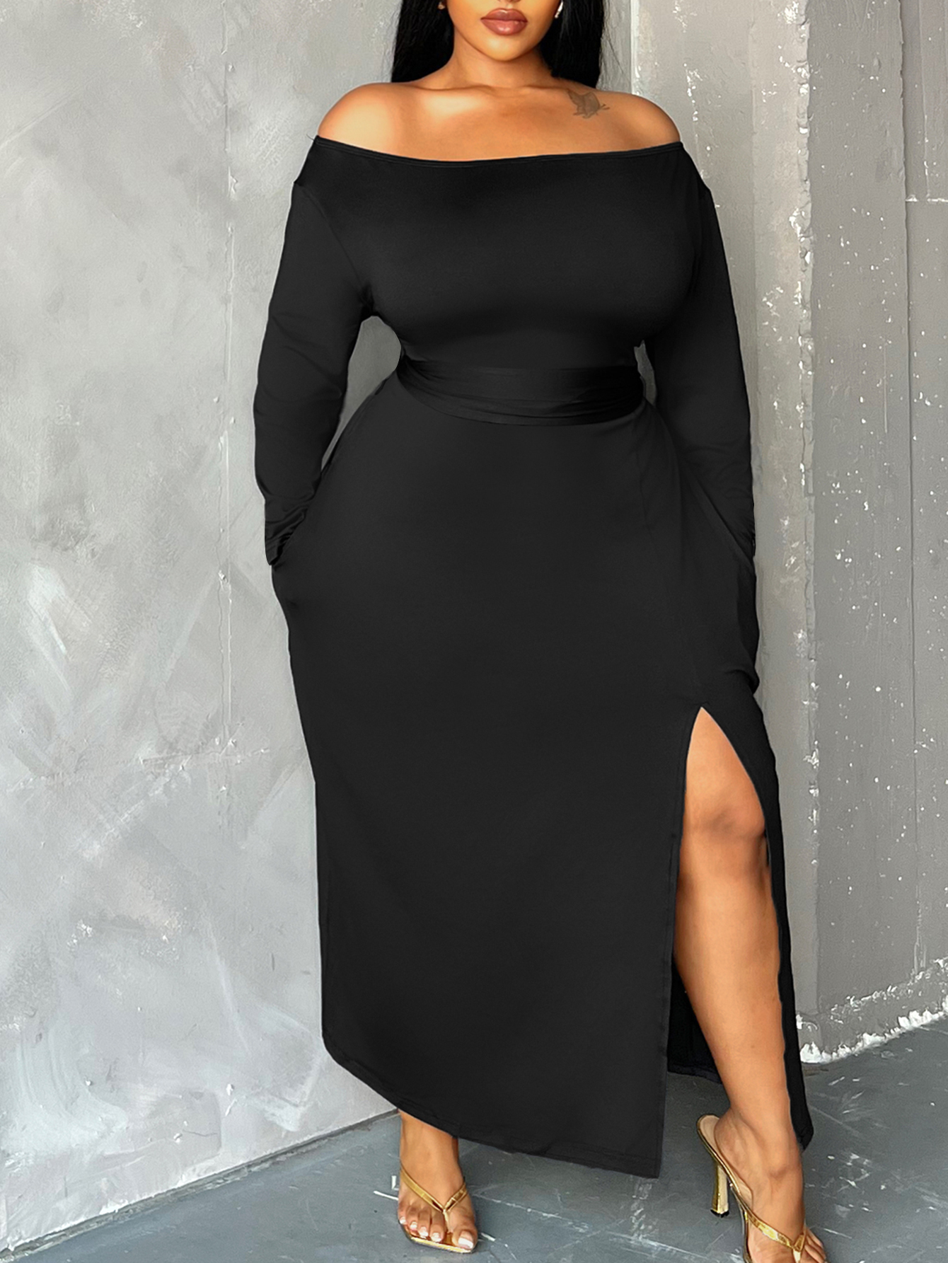 LW BASICS Plus Size Off The Shoulder Thigh Slit Pocket Design Dress 2X