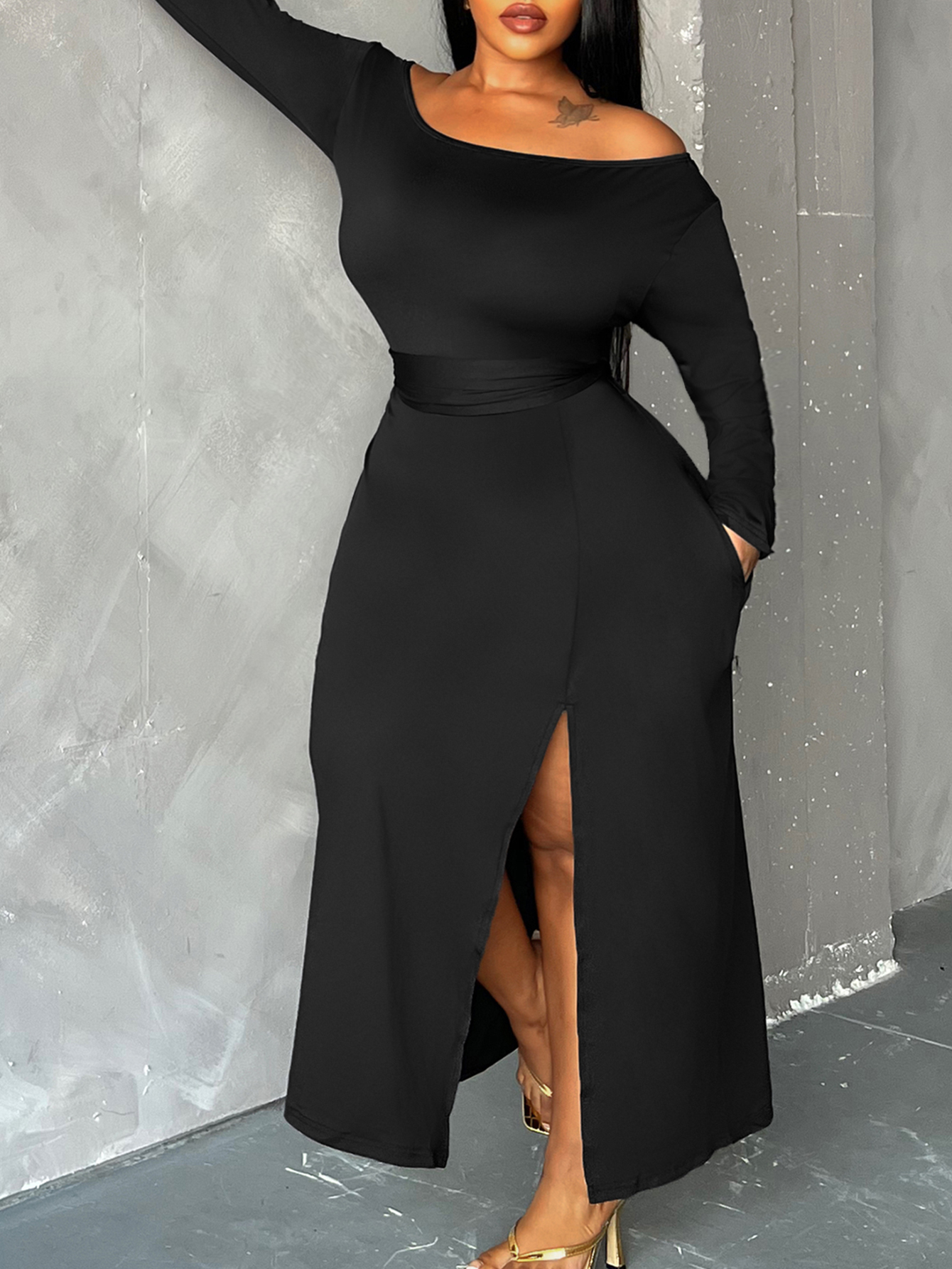 LW BASICS Plus Size Off The Shoulder Thigh Slit Pocket Design Dress 2X