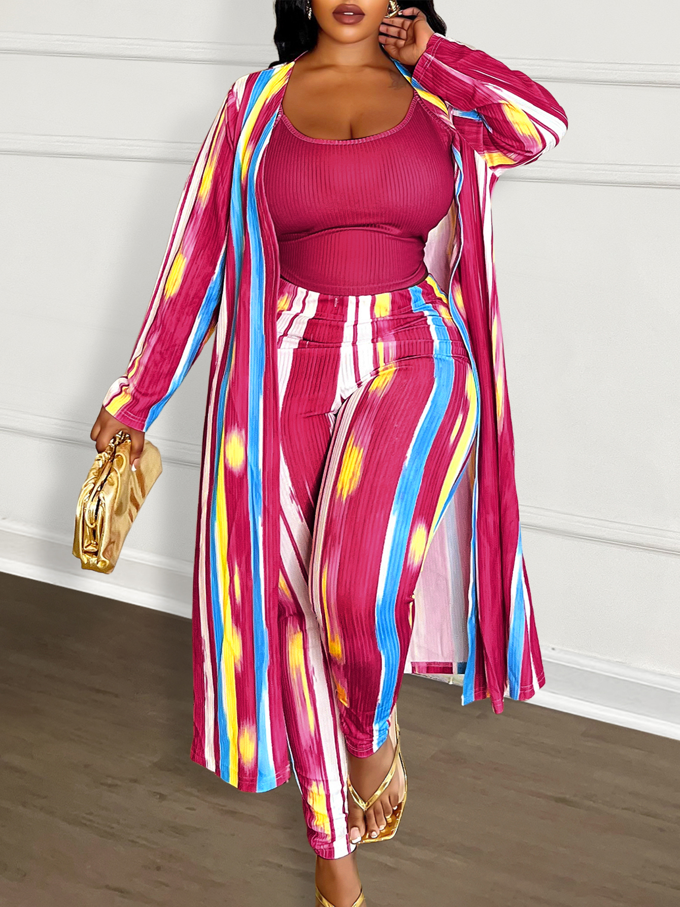 LW BASICS Plus Size Cami Tie Dye Drawstring Three Piece Pants Set