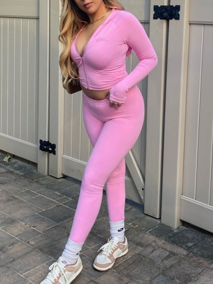 LW BASICS Zipper Design Letter Two-piece Pants Set