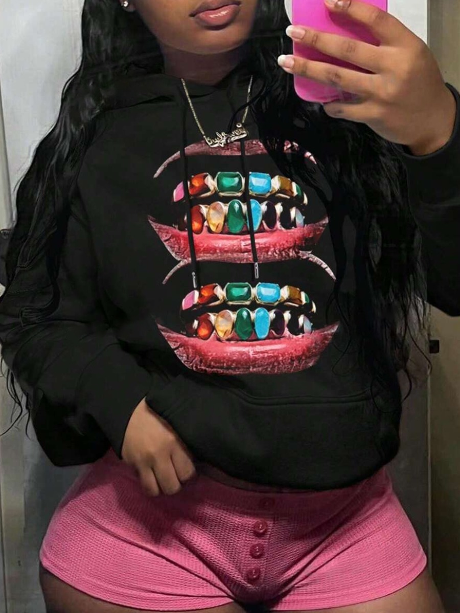 LW Plus Size Pattern Lip Print Sweatshirt&Hoodie