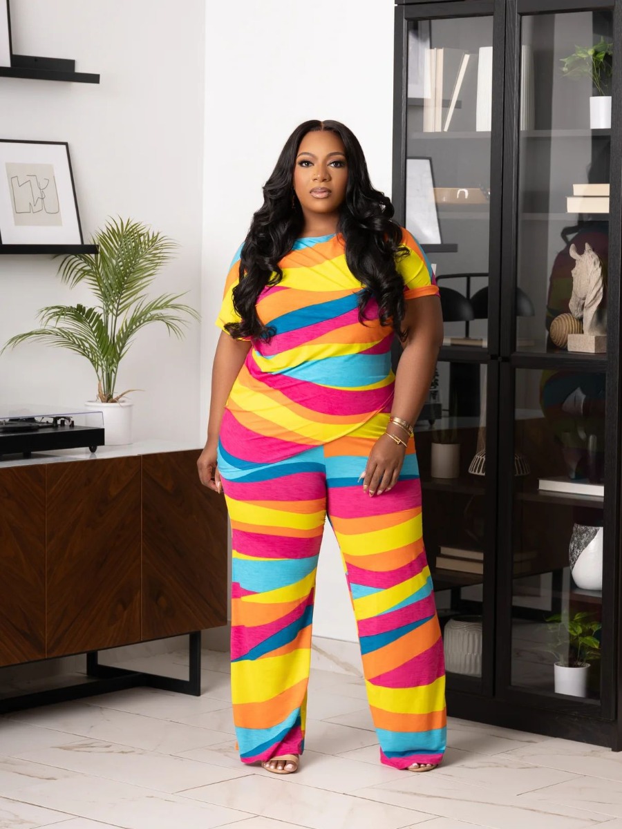 LW Plus Size Asymmetrical Striped Two-piece Pants Set 1X