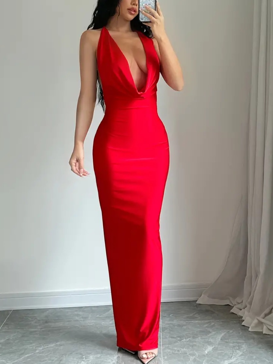 LW Bandage Design Backless Solid Color Maxi Dress