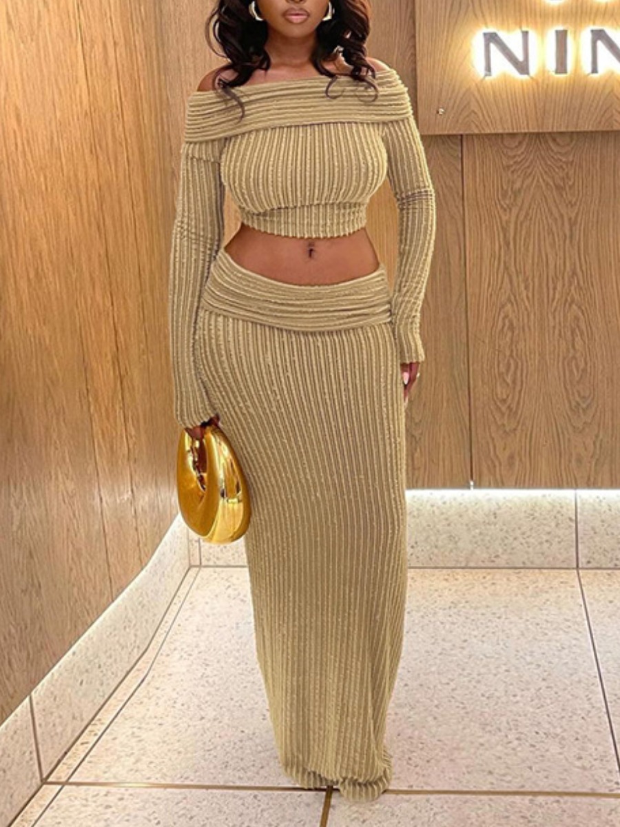 LW BASICS Casual Polyester Bateau Neck Solid Color Long Sleeve Two-piece Skirt Set