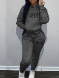 LW Casual Sweat Hooded Collar Pattern Letter Long Sleeve Two-piece Pants Set
