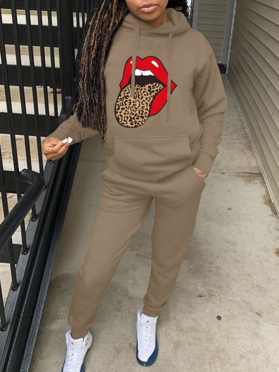 LW Street Polyester Hooded Collar Pattern Lip Print Long Sleeve Two-piece Pants Set