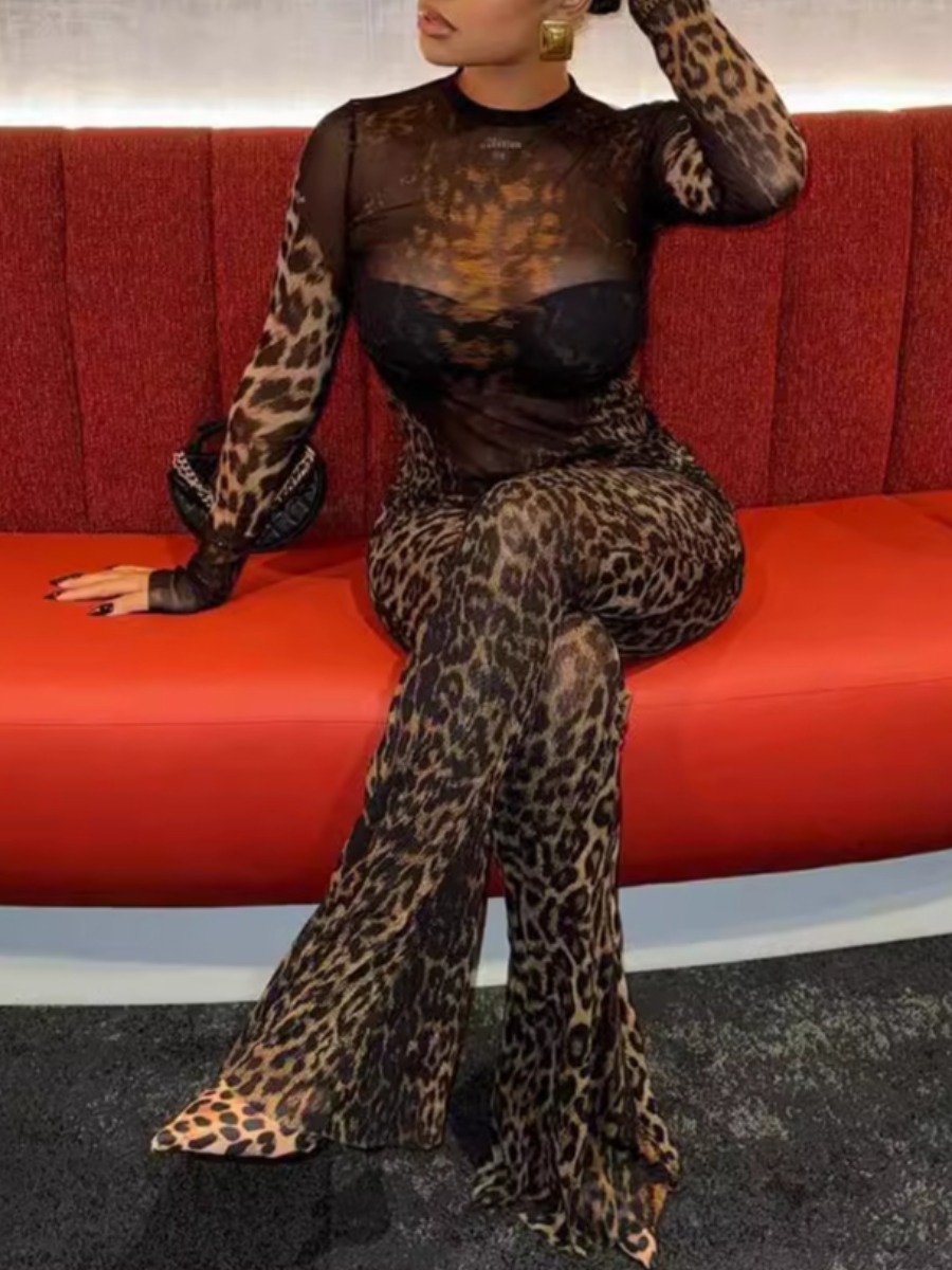 LW SXY Sxy Polyester Round Neck See Through Leopar