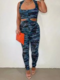 LW Casual Polyester U Neck Cut Out Camo Sleeveless Two-piece Pants Set