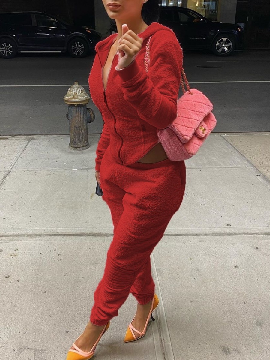 LW BASICS Casual Polyester Hooded Collar Plush Solid Color Long Sleeve Two-piece Pants Set