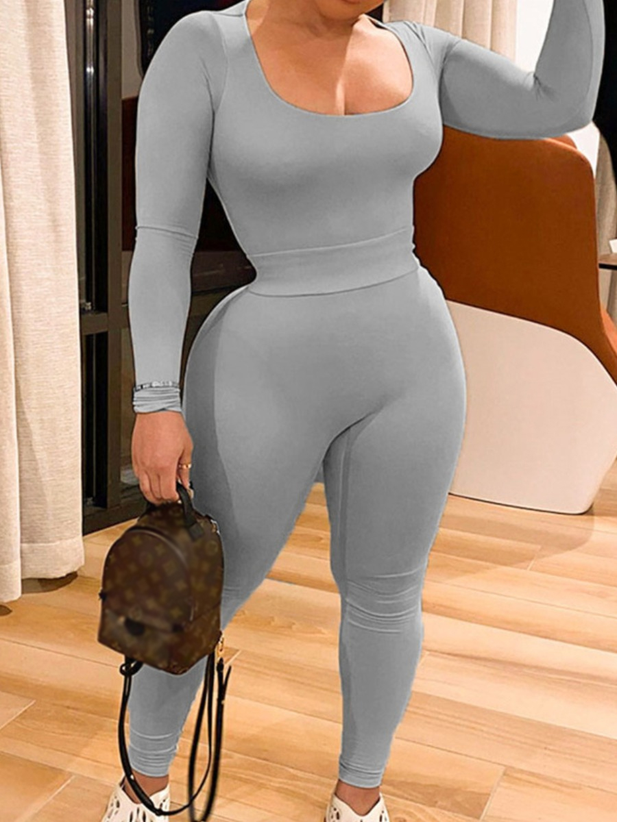 LW BASICS Casual Polyester Round Neck Solid Color Long Sleeve Two-piece Pants Set