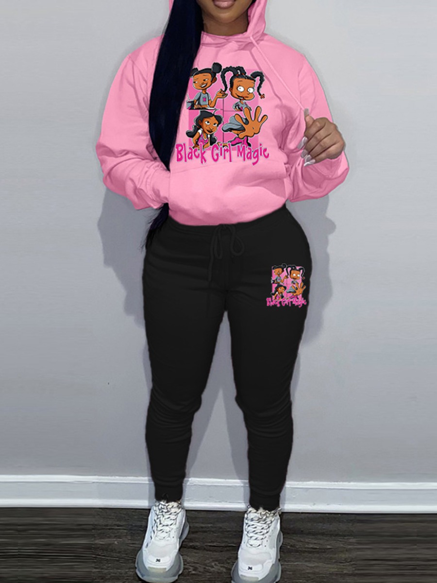 LW Casual Polyester Hooded Collar Pattern Cartoon Print Long Sleeve Two-piece Pants Set