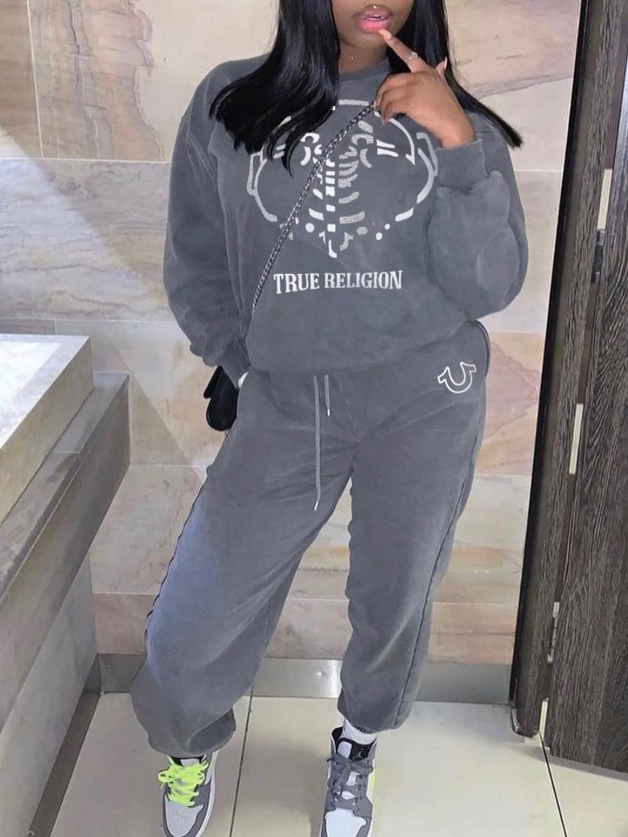 LW Street Polyester Round Neck Pattern Mixed Print Letter Long Sleeve Two-piece Pants Set