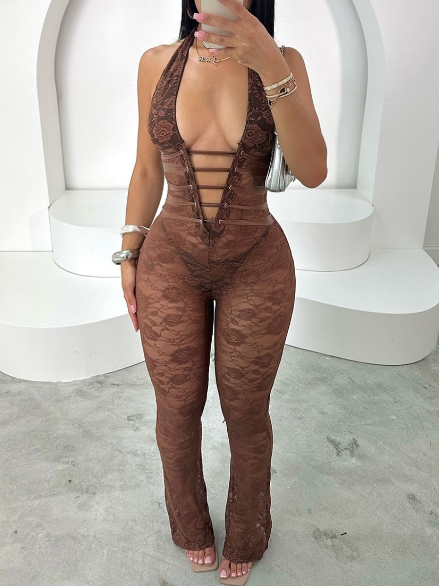 LW SXY Lace Solid Color Jumpsuit