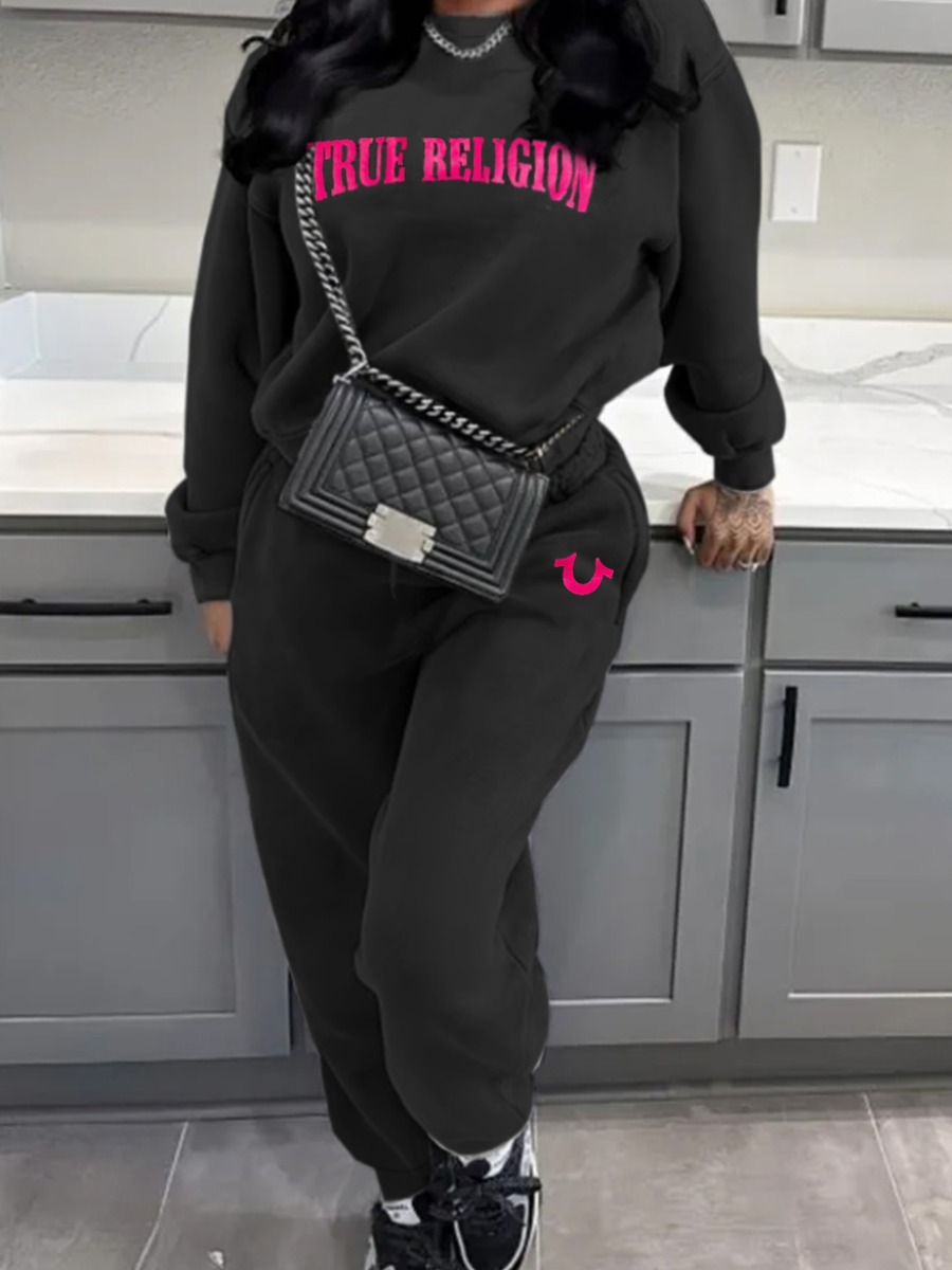 LW Street Polyester Round Neck Pattern Letter Long Sleeve Two-piece Pants Set