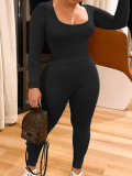 LW BASICS Casual Polyester Round Neck Solid Color Long Sleeve Two-piece Pants Set