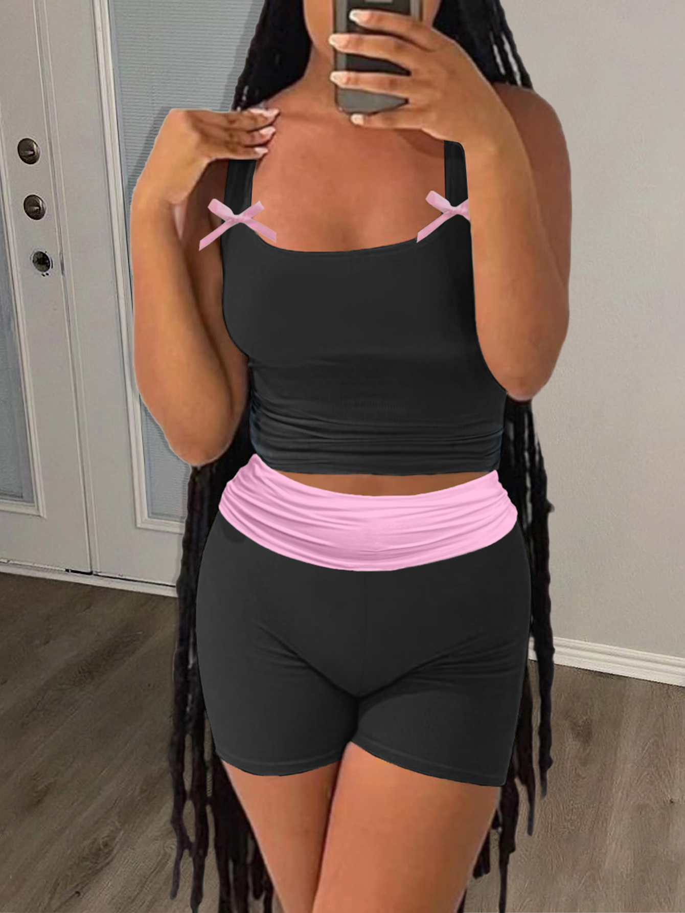 LW BASICS Casual Polyester Round Neck Color Contrast Sleeveless Two-piece Shorts Set