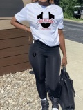 LW Casual Polyester Round Neck Pattern Letter Short Sleeve Black And White Two-piece Pants Set