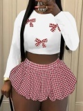 LW Casual Polyester Round Neck Bow Plaid Long Sleeve Two-piece Skirt Set