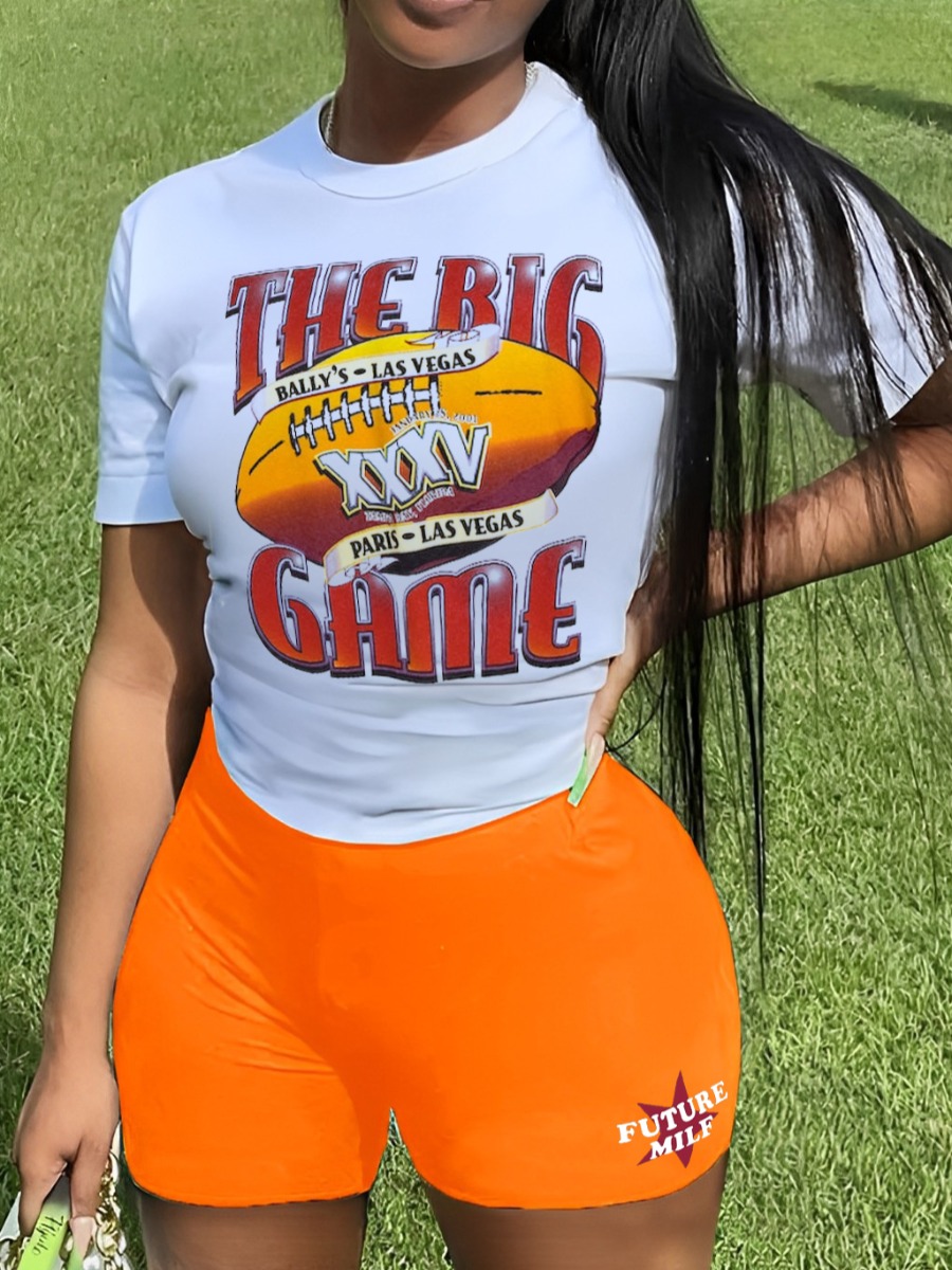 LW Sporty Polyester Round Neck Pattern Letter Geometric Short Sleeve Two-piece Shorts Set
