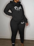 LW Casual Sweat Hooded Collar Pink Letter Long Sleeve Two-piece Pants Set