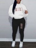 LW Plus Size Pattern Kangaroo Pocket Print Letter Skinny Two-piece Pants Set