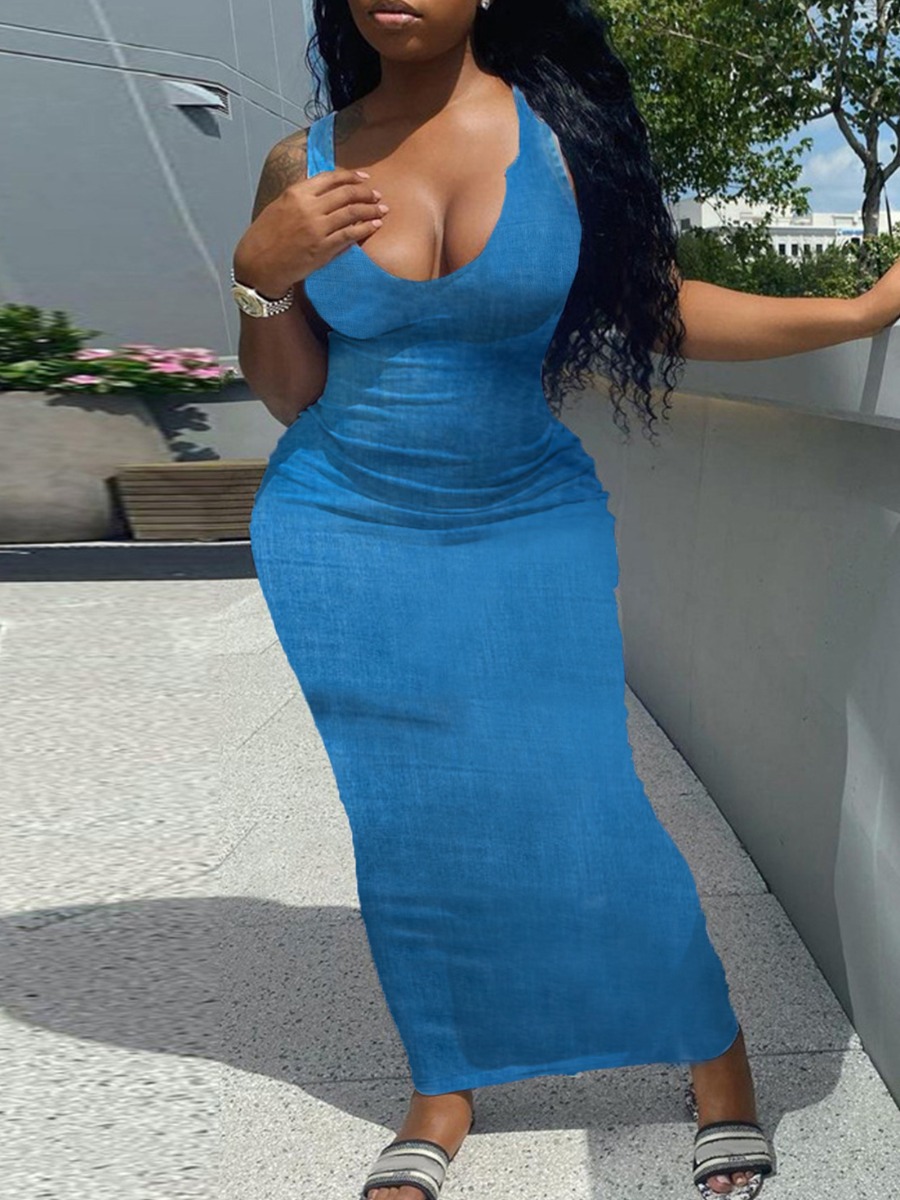 LW BASICS Notch Neck Solid Color Micro Elasticity Denim Dress