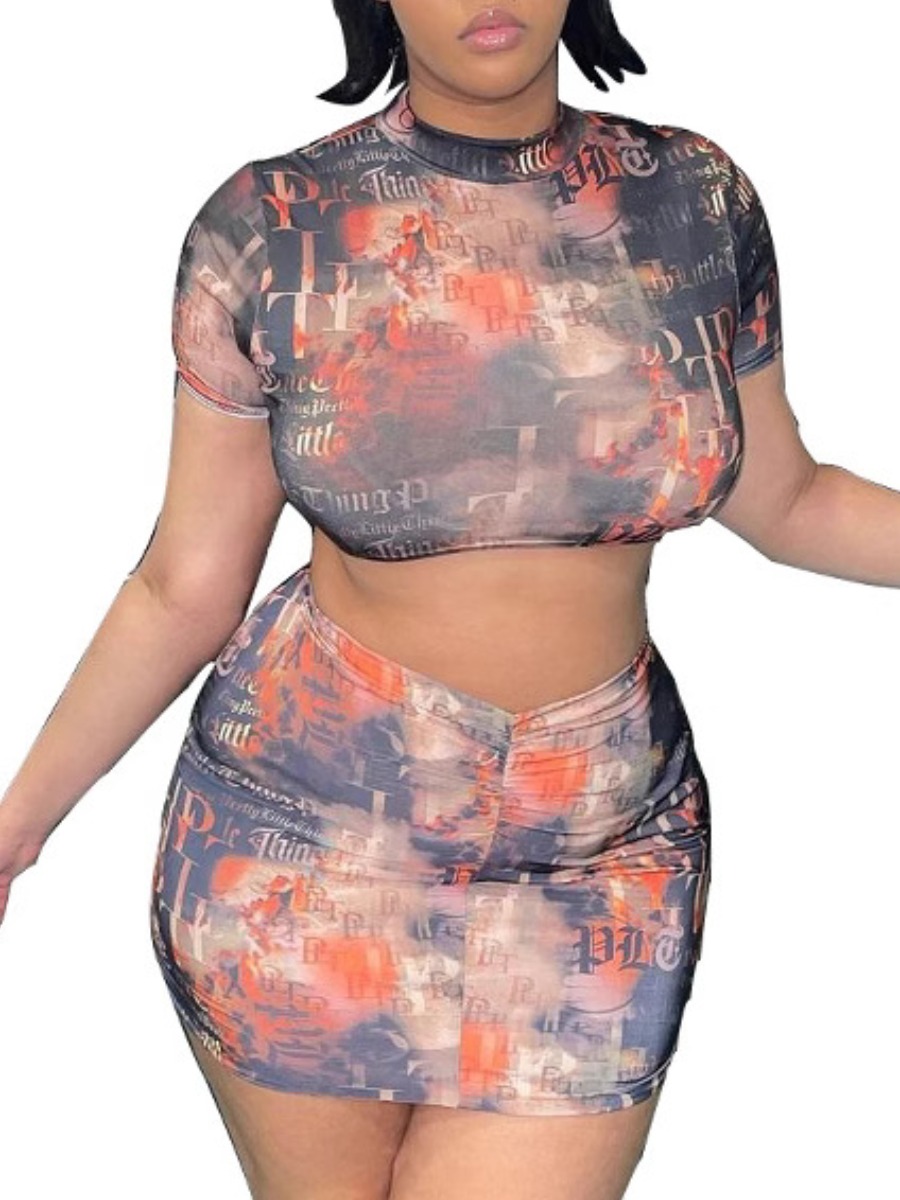 LW Casual Polyester Mock Neck Pattern Tie Dye Short Sleeve Two-piece Skirt Set
