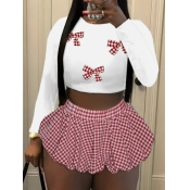 LW Casual Polyester Round Neck Bow Plaid Long Slee