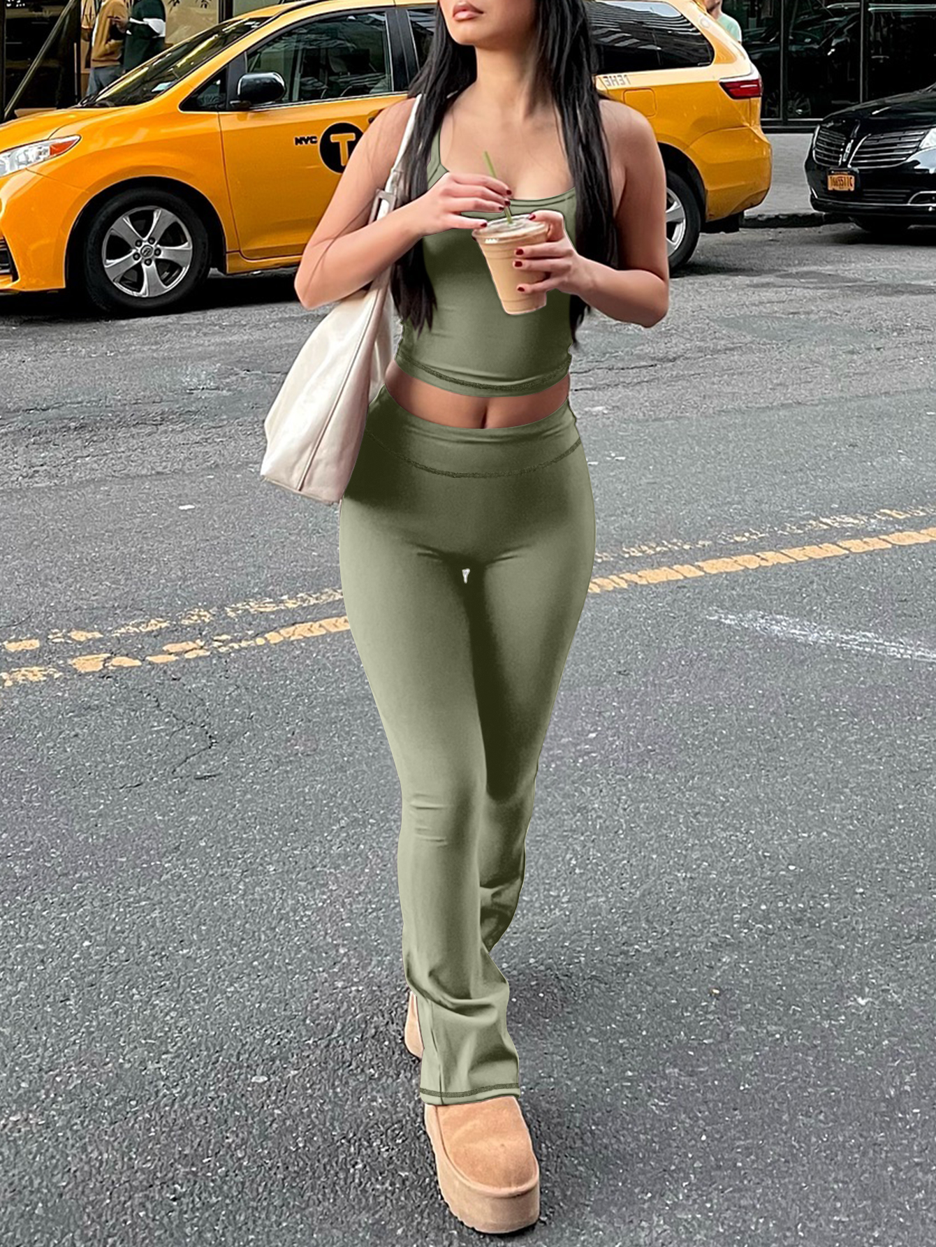 LW BASICS Casual Polyester U Neck Solid Color Sleeveless Two-piece Pants Set
