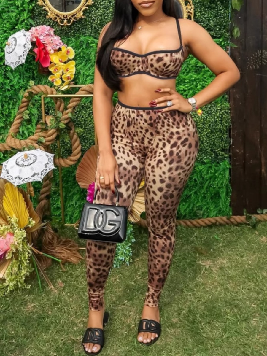 LW SXY Sxy Polyester Square Collar Pattern Leopard