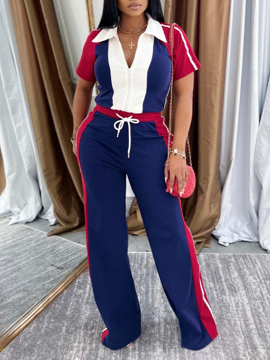 LW Street Polyester Turndown Collar Patchwork Color Contrast Short Sleeve Two-piece Pants Set
