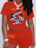 LW Street Polyester Round Neck Skull Letter Mixed Print Short Sleeve Two-piece Shorts Set